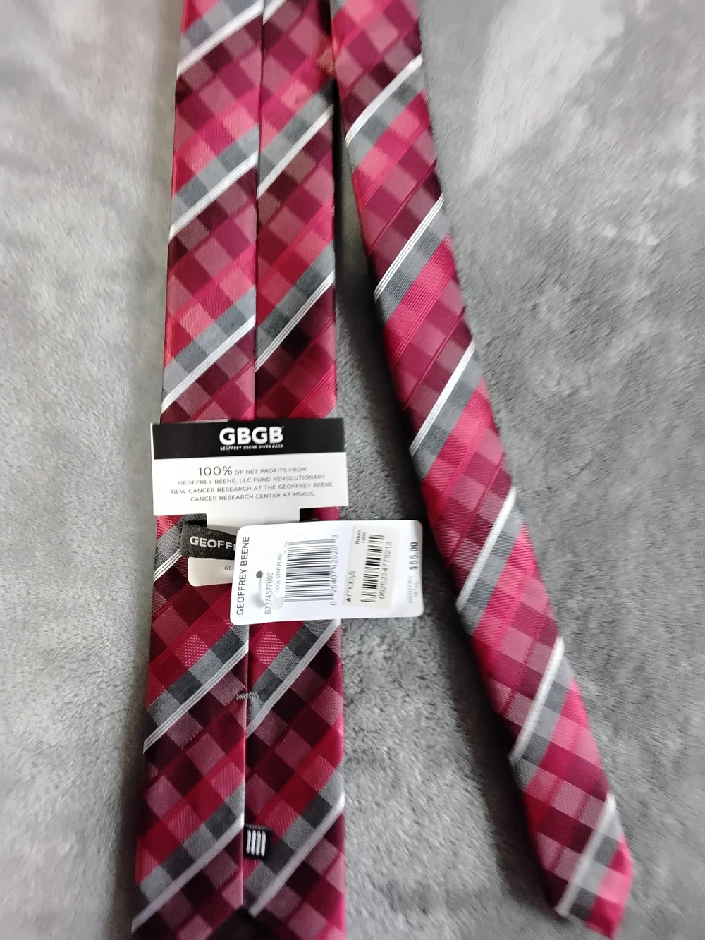 Geoffrey Beene Pink and Gray Plaid Silk Tie